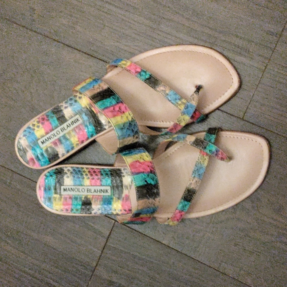 Manolo Blahnik Multicolor Python Criss Cross Sand… - image 1